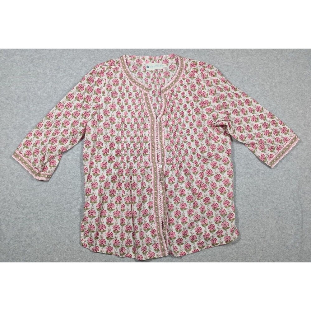 Ella Simone Women Top Medium Floral Button Up Pintucks Pleated‎ Tunic Boho